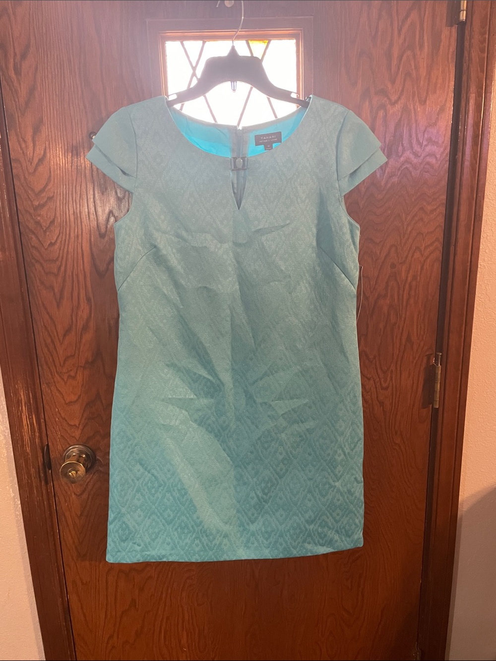 Tahari ASL Teal Jacquard Cap-Sleeve Sheath Dress